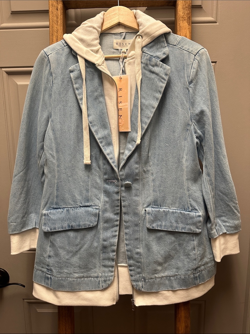 RISEN Light Blue Denim Blazer with Cream Hoodie Layer